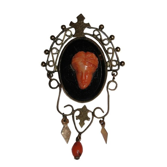 14 kt Rolled Gold, Brass Victorian Carved Sardinian Red Coral Cameo Brooch
